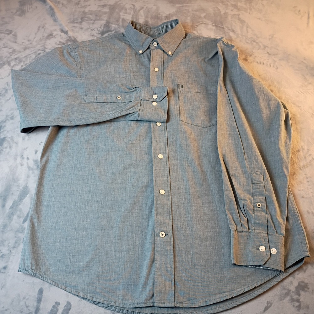 IZOD Mens Medium Long Sleeve Button Down Shirt Blue Green Chambray Casual Pocket